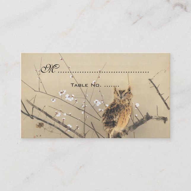 Antika bröllopsbordskort, japansk uggla placeringskort (Framsida)