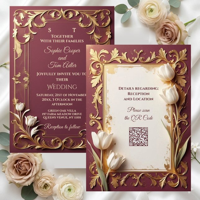 Antika Burgunder Elfenben Tulpaner Guld Barock Brö Inbjudningar (Antique Burgundy Ivory Tulips Gold Baroque Wedding Invitation)