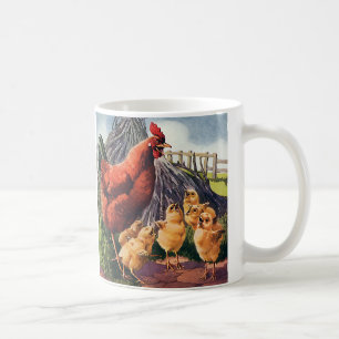 Antika djur, höna med kycklingar på bondgård kaffemugg