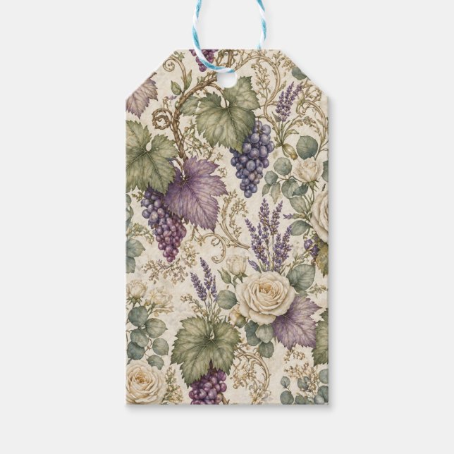 Antika druvor, lavendel och vita rosor presentetikett (Framsidan)
