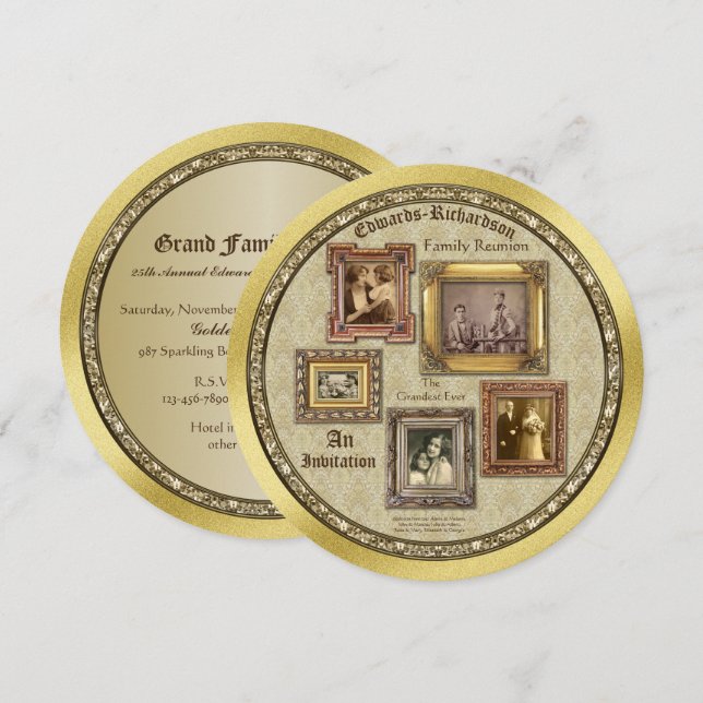 Antika familjeåterförenings fotorampar Guld Collag Inbjudningar (Fram/baksida)