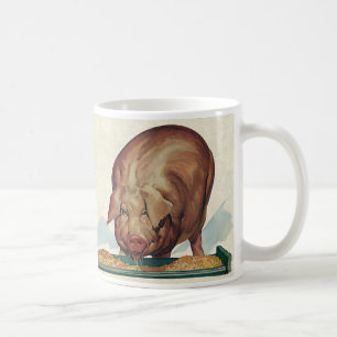 Antika gårdsdjur, gris som äter soppa vid en tråg kaffemugg