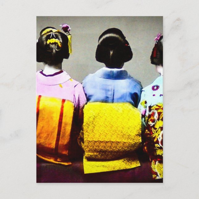 Antika geishor i färgrika kimonos och obis 2 vykort (Framsida)