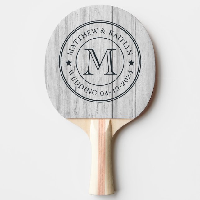 Antika grå träbrädor Bröllopsmonogram Stjärna Pingisracket (Framsidan)