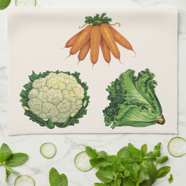 Antika grönsaker; Morötter, blomkål, sallad Kökshandduk (Vikta)