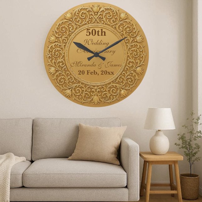 Antika Guld Barock Tulpaner 50 Bröllopsjubileum Stor Klocka (Vintage Gold Baroque Tulips 50 Wedding Anniversary Large Clock)