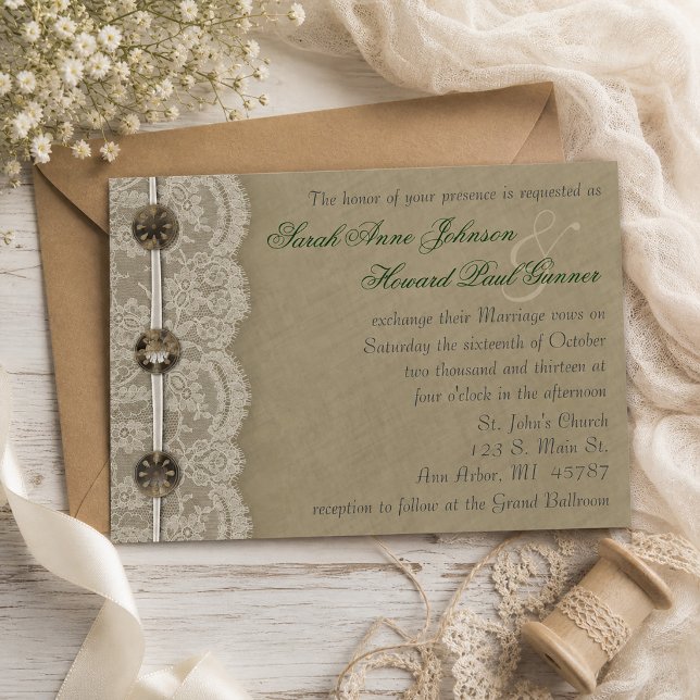 Antika knappar och spets Rustik Bröllopskjol Inbjudningar (Vintage Buttons and Lace Rustic Wedding Invitation)