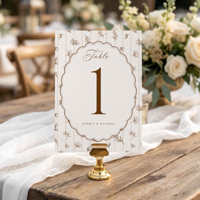 Antika ovala ramar bruna bröllopsbordnummer inbjudningar (Brown & cream vintage French floral oval scalloped wedding table number with Victorian botanical fra)