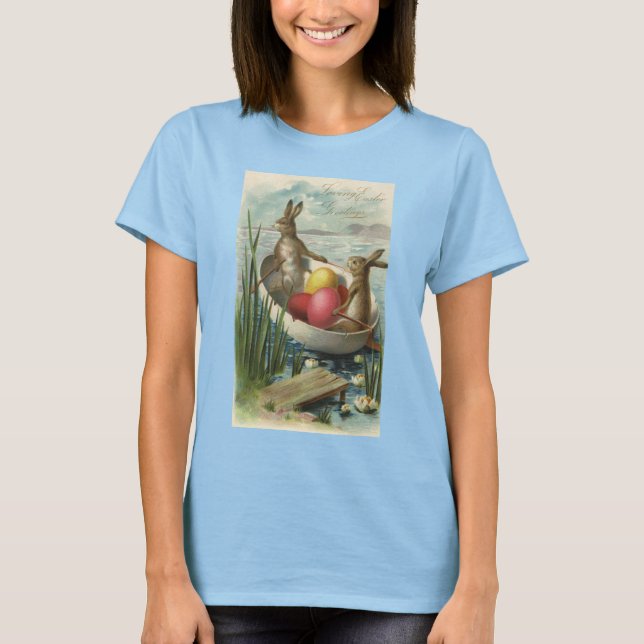 Antika påskharar i en båt med påskägg t shirt (Framsida)