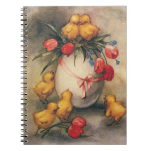 Antika påskungar, Ägg med röda tulpanblommor Anteckningsbok Med Spiral