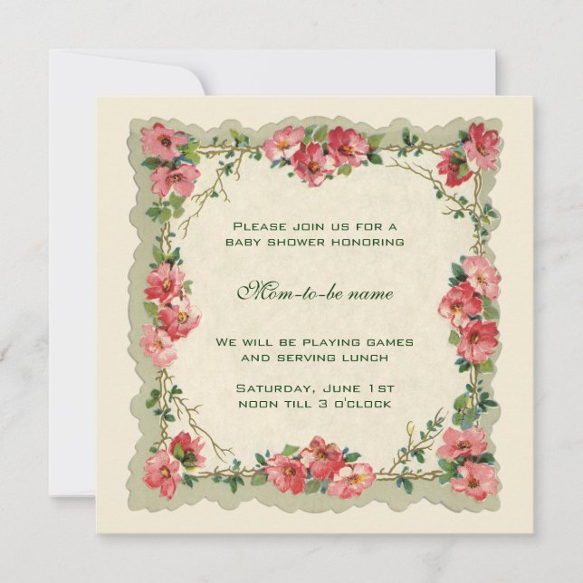 Antika rosa rosor blommor blomster baby shower inbjudningar (Framsida)