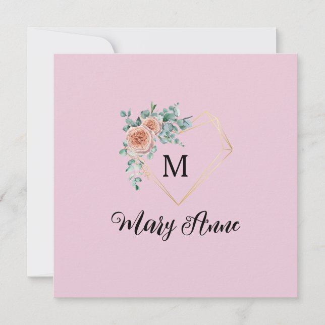 Antika rosa rosor Guldhjärta Monogram och namn Julkort (Framsida)