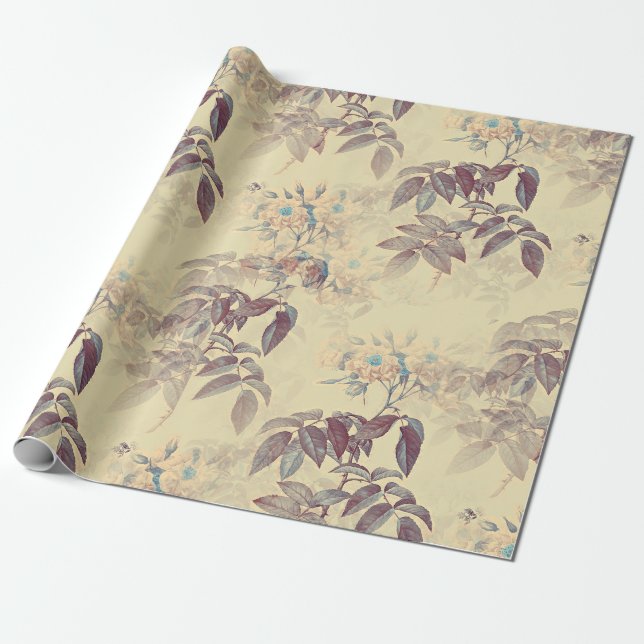 ANTIKA ROSOR I ROSA PÅ GULT OMBRUT PRESENTPAPPER (Utrullad)