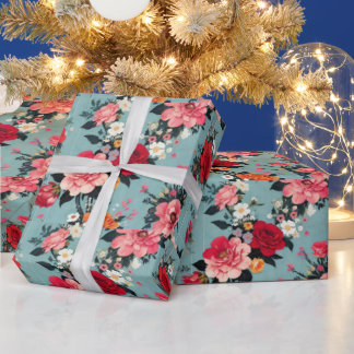 Antika rosor och blommor på en blå bakgrund presentpapper