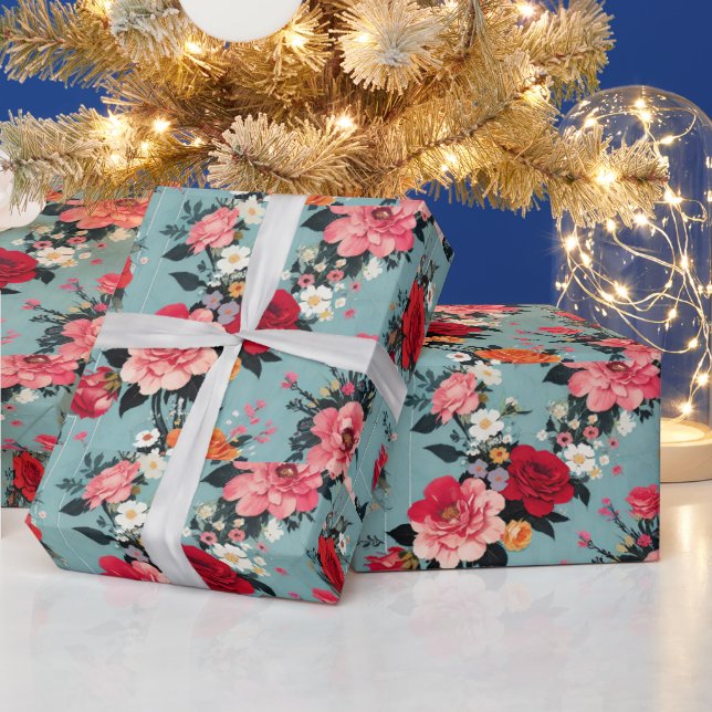 Antika rosor och blommor på en blå bakgrund presentpapper (Helgdagar)