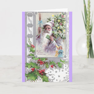 Antika Santa i lilalag med julaftonträd Helgkort