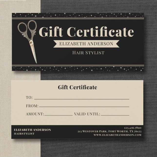 Antika Saxar Frisörskänk (An elegant vintage scissors hair stylist gift certificate. Personalize it with your information.)