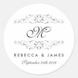 Antika Silver Flourish Monogram Bröllopsdekaler Runt Klistermärke