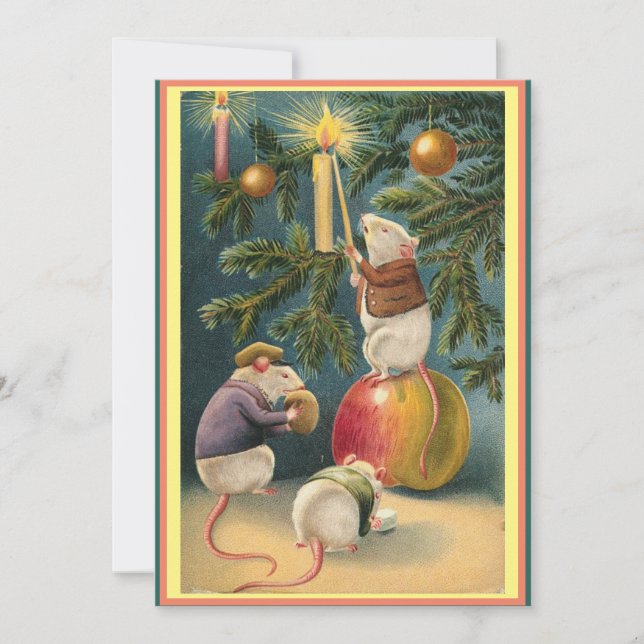 Antika söta möss tänder ljus på julgranen julkort (Framsida)