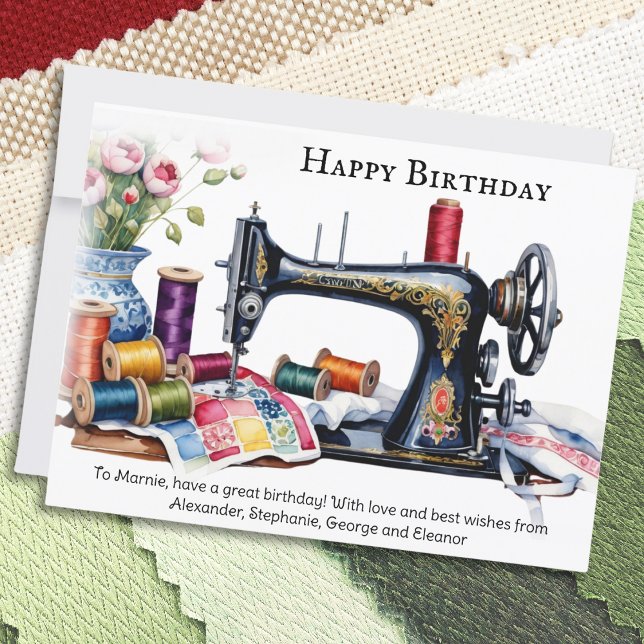 Antika symaskinsspolar i bomull Glad födelsedag Kort (A pretty birthday card with vintage sewing machine picture in a watercolor style, and custom message)