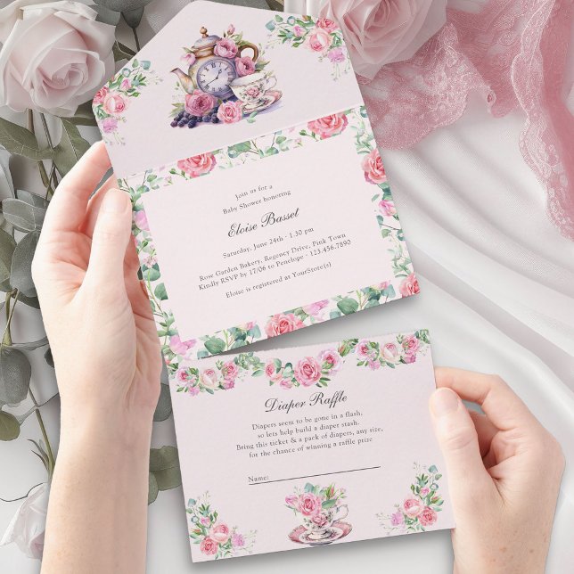 Antika Tekakafé Böcker Blöja och Baby Shower (All-in-One trifold Baby Shower Invitation Vintage Tea Party Baby Shower Collection)