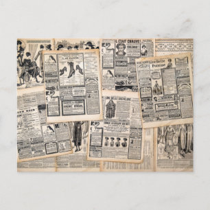Antika tidningsannonsblad decoupage vykort