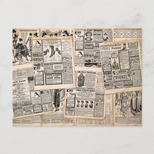 Antika tidningsannonsblad decoupage vykort (Framsida)