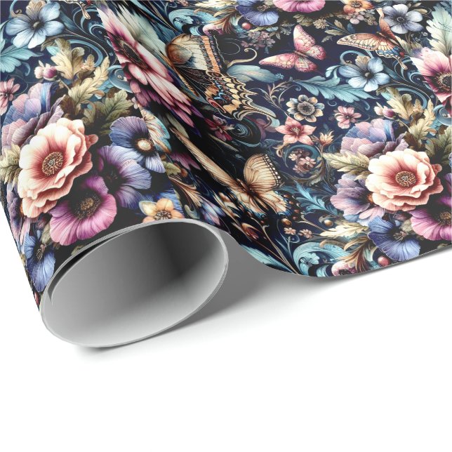 Antika vårblommor och fjärilar  presentpapper (Rullad Hörn)