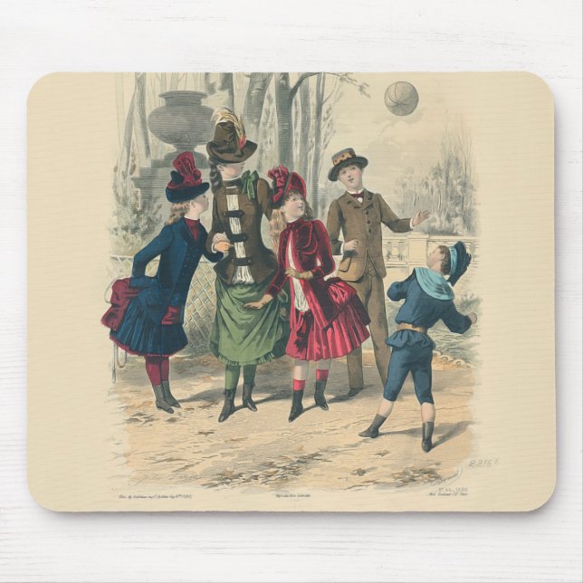 Antika viktorianska barn spelar boll 1880 Vinter Musmatta (Framsidan)