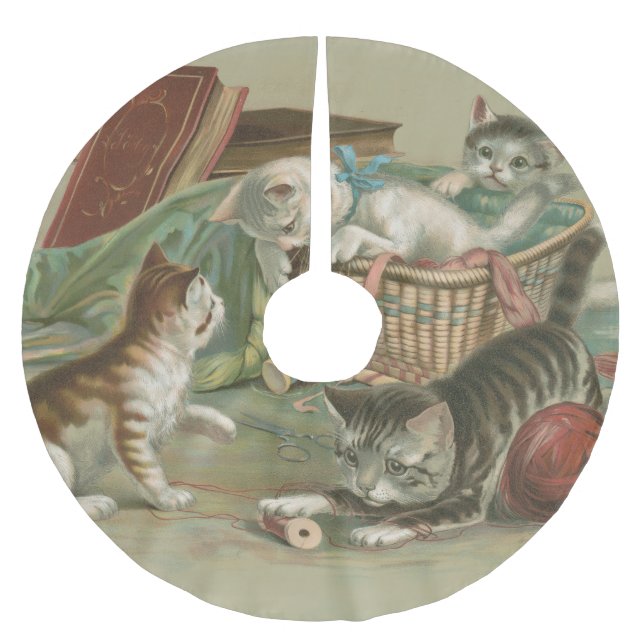 Antika Viktorianska Katter som Leker i en Sybasket Julgransmatta Borstad Polyester (Framsidan)