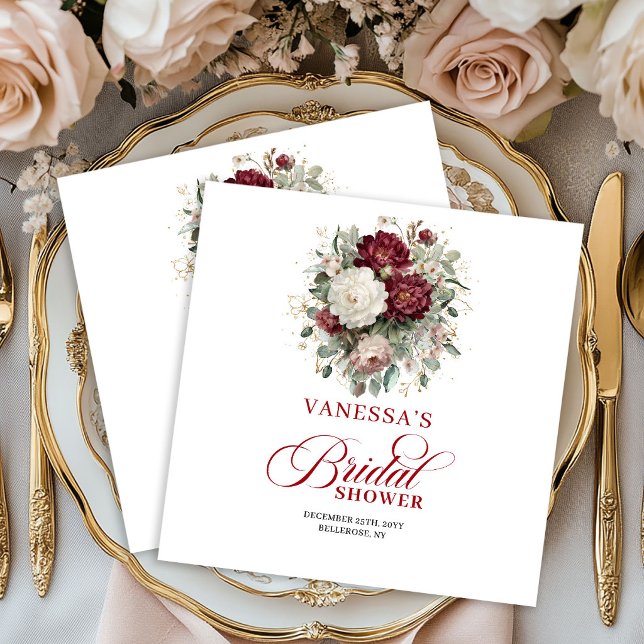 Antika vinröd blommiga servetter för bröllopsfest (Vintage Burgundy Floral Bridal Shower Napkins)