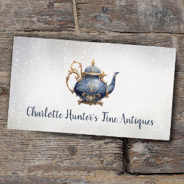 Antikaaffär, vintage tepot, guld och blått visitkort