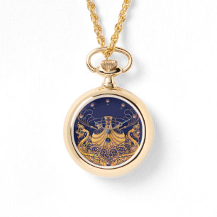 Antikafartyg,delfiner,Guld,marinblå sjömil Armbandsur