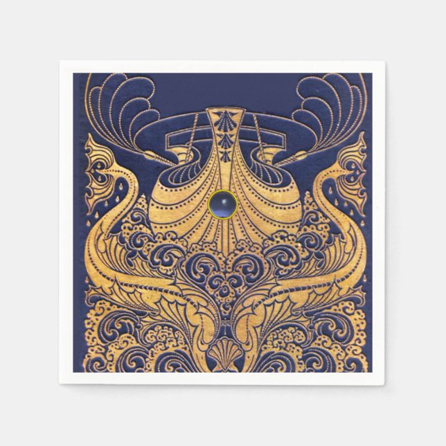 Antikafartyg,delfiner,Guld,marinblå sjömil Pappersservett (Framsidan)