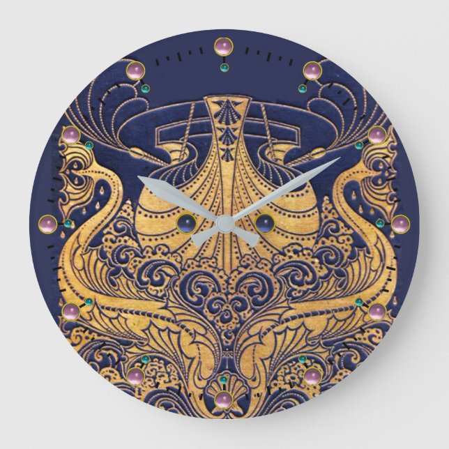 Antikafartyg,delfiner,Guld,marinblå sjömil Stor Klocka (Framsida)
