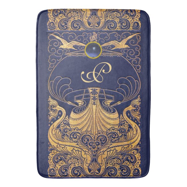 Antikafartyg,delfiner,Guld,marinblått monogram Badrumsmatta (Framsidan (Vertikal))