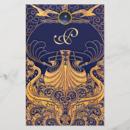Antikafartyg,delfiner,Guld,marinblått monogram Brevpapper