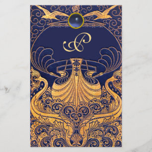 Antikafartyg,delfiner,Guld,marinblått monogram Brevpapper