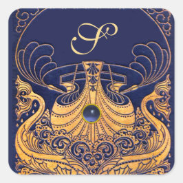 Antikafartyg,delfiner,Guld,marinblått monogram Fyrkantigt Klistermärke