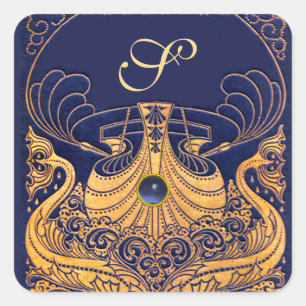 Antikafartyg,delfiner,Guld,marinblått monogram Fyrkantigt Klistermärke