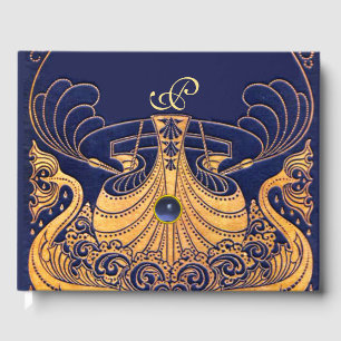 Antikafartyg,delfiner,Guld,marinblått monogram Gästböcker