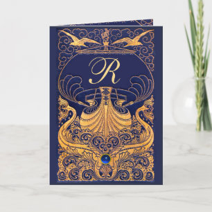 Antikafartyg,delfiner,Guld,marinblått monogram Inbjudan