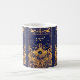Antikafartyg,delfiner,Guld,marinblått monogram Kaffemugg
