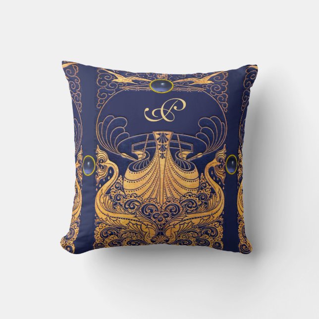 Antikafartyg,delfiner,Guld,marinblått monogram Kudde (Framsida)