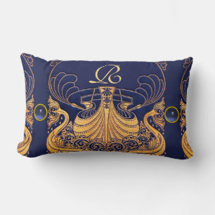 Antikafartyg,delfiner,Guld,marinblått monogram Lumbarkudde