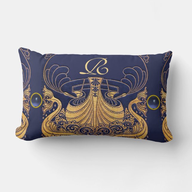 Antikafartyg,delfiner,Guld,marinblått monogram Lumbarkudde (Framsida)