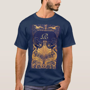 Antikafartyg,delfiner,Guld,marinblått monogram T-shirt