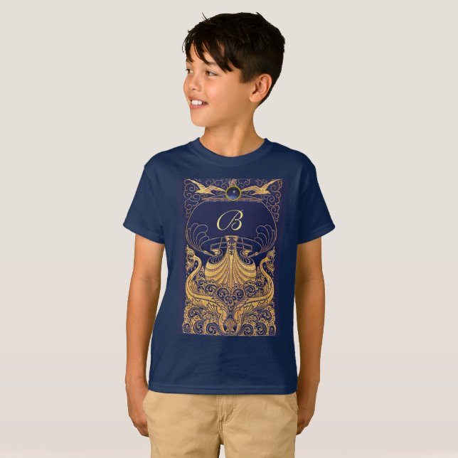 Antikafartyg,delfiner,Guld,marinblått monogram Tee Shirt (Hel framsida)