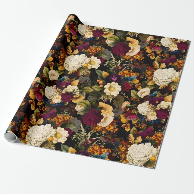 Antikalt nostalgiskt anemon och svart Rosor Mönste Presentpapper (Utrullad)