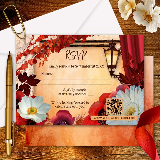 Antikant italienskt höstkort Bröllop OSA (Italian RSVP card featuring colorful autumn leaves and flowers with vintage lantern)